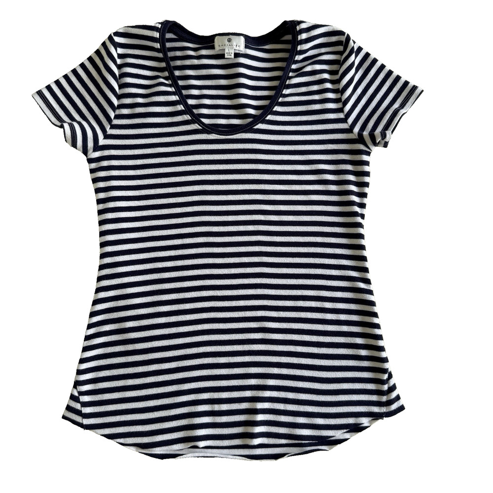 Socialite Womens Navy White Scoop Neck Short Sleeve Top Size Large